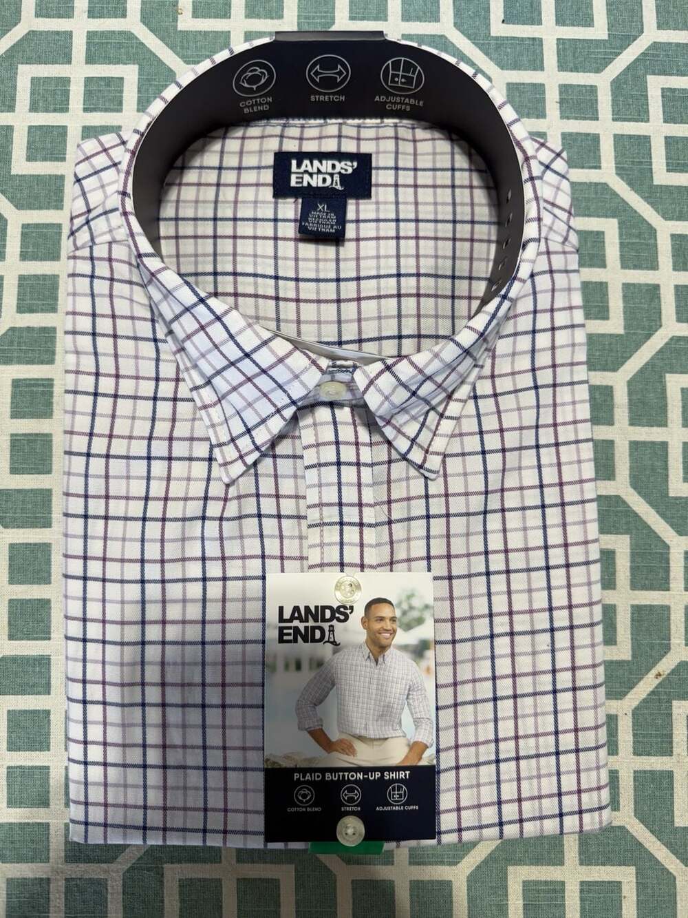 Lands' End Men's Plaid Button-Up Stretch Long Sleeve Shirt